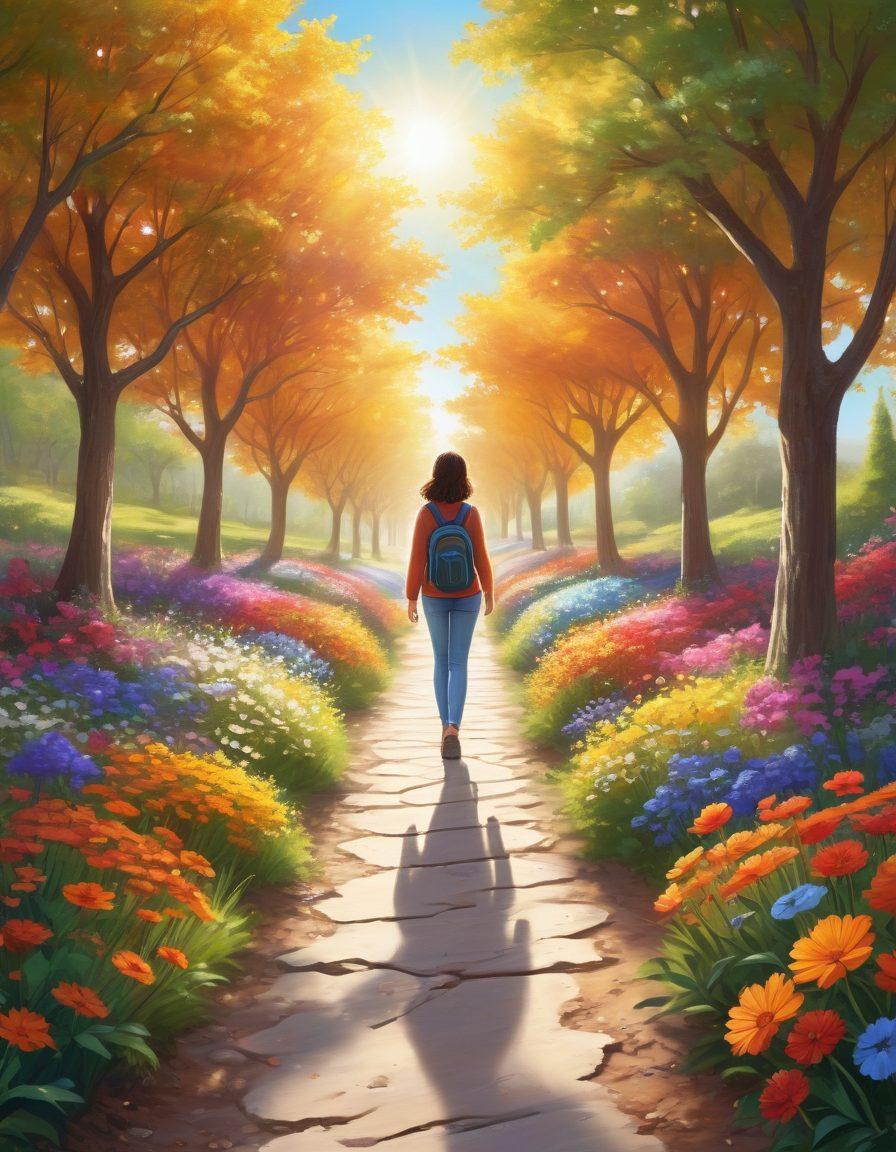 A hopeful and vibrant illustration depicting a resilient person walking along a path lined with colorful flowers and trees, representing healing and growth. In the background, a radiant sun symbolizes hope and empowerment. Include supportive elements like books and a heart symbol to emphasize knowledge and care. The overall atmosphere should evoke strength and positivity. super-realistic. vibrant colors. uplifting mood.