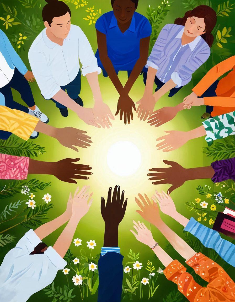 A diverse group of people holding hands in a circle, symbolizing unity and support, surrounded by imagery of knowledge like open books and bright light bulbs. Include elements of nature to evoke hope, like blooming flowers and gentle sunlight. The background should convey a sense of journey, featuring a path winding through a serene landscape. super-realistic. vibrant colors. soft focus.